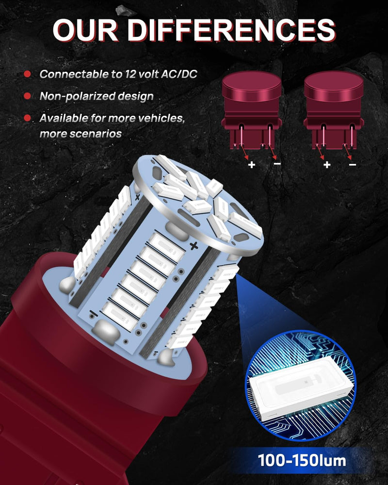 3157 Red LED Bulbs,3056 3057 3156 3157 4157 4014 T25 39SMD 12VAC brake light bulbs, 360 Degree Lighting Angle Non-Polarity Car Bulbs for Tail Brake Lights
