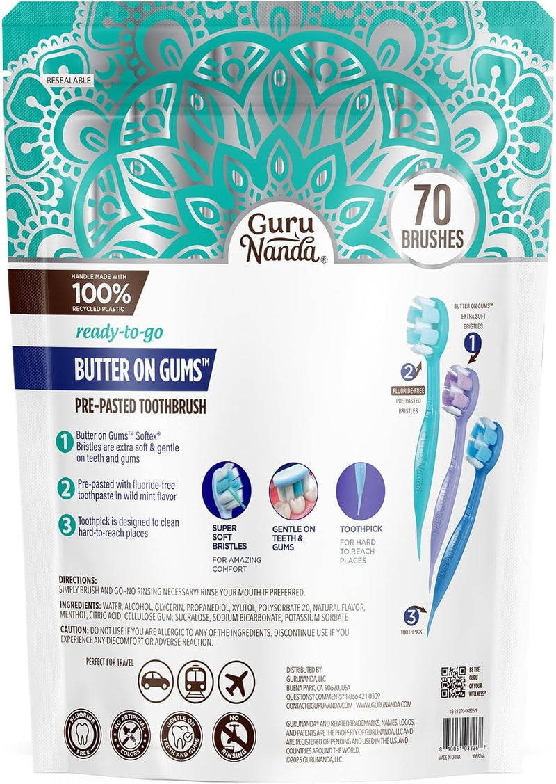 GuruNanda Mini Disposable Toothbrushes with Toothpaste & Toothpick, Prepasted Ready-to-Go Travel Toothbrush with Butter on Gums Bristles - Fluoride Free, No Rinsing, Individually Wrapped, 70 Ct 70 Count (Pack of 1)