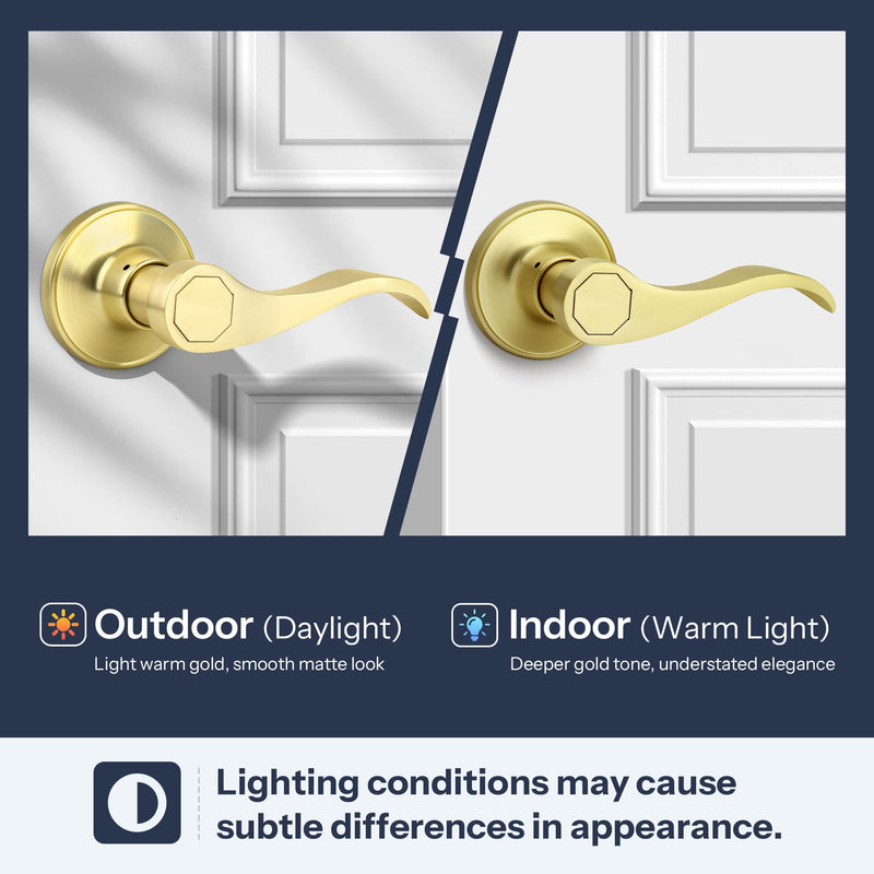 Wave Style Door Lever, Brushed Gold Passage Door Handle, Keyless Gold Interior Lever Reversible for Left/Right Handed for Hallway and Closet with Satin Brass Finish, 1 Pack Passage (No Lock & keys)