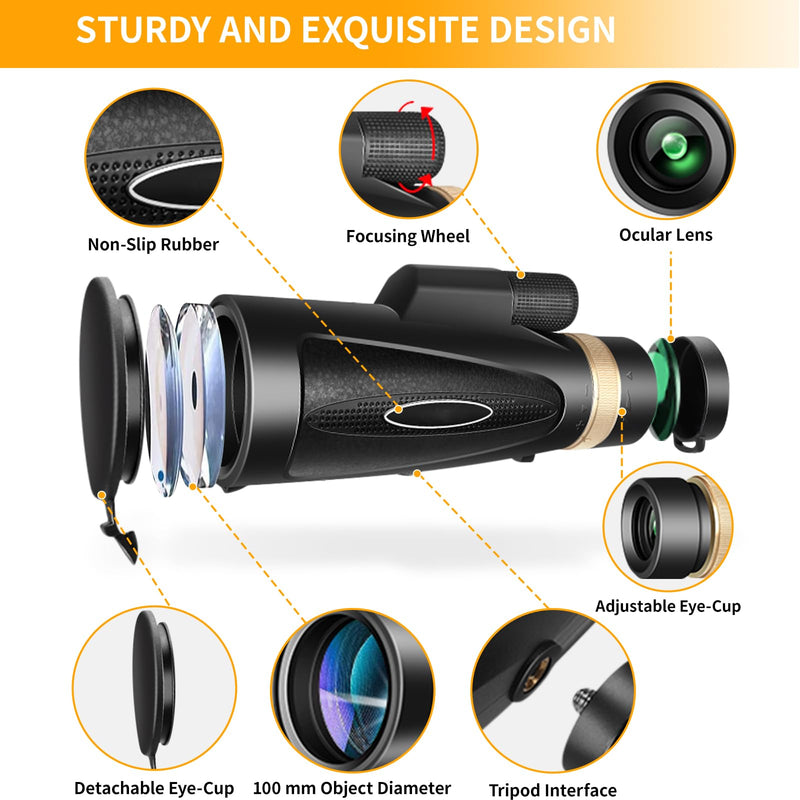 Monocular Telescope 80x100 HD Monoculars for Adults with Tripod & Phone Adapter, Monoculars for Stargazing Camping HikingTravel-Black black