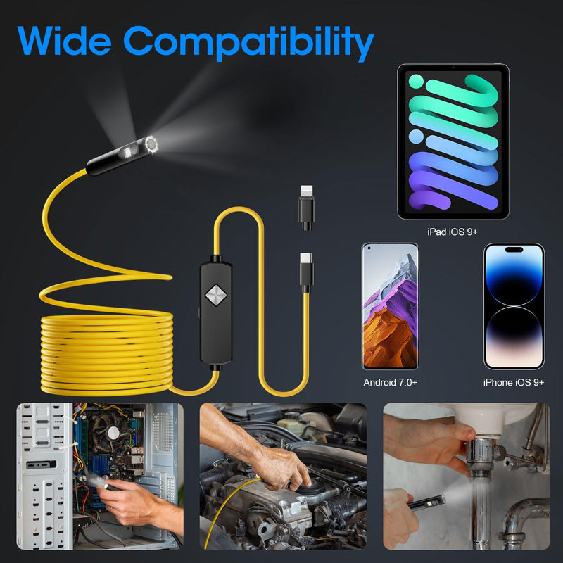 Endoscope with Light, 1920P HD Borescope with 8 Adjustable LED Lights, 32.8FT Semi-Rigid Snake Camera, IP67 Waterproof Inspection Tool for iPhone & Android - Dual Lens