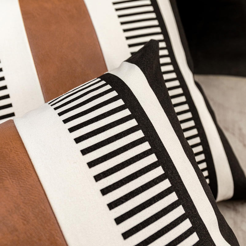 Set of 2 Boho Decor Faux Leather and Cotton Throw Pillow Covers 24x24 Rustic Canvas Cushion Cover Black White Farmhouse Stripe Pillow Case for Sofa Couch Chair Bedroom 24" x 24" (Pack of 2)