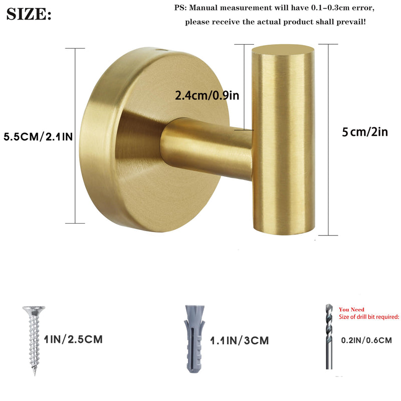 8 Pcs Bathroom Robe Towel Hooks Coat Wall Hook Stainless Steel Heavy Duty Door Hanger Towel Robe Clothes Cabinet Closet Sponges Hook for Bathroom Bedroom Kitchen Hotel Pool (Gold) 8 Gold