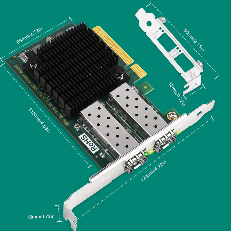 PCIE X8 Interface to 2X 10GbE SFP+ Fiber Port Converged Ethernet Adapter, Intel 82599ES 10 Gigabit Ethernet Controller, 2-Port 10GbE PCIE NIC Card, 2X 10GbE SFP+ LAN Adapter (X520-DA2)