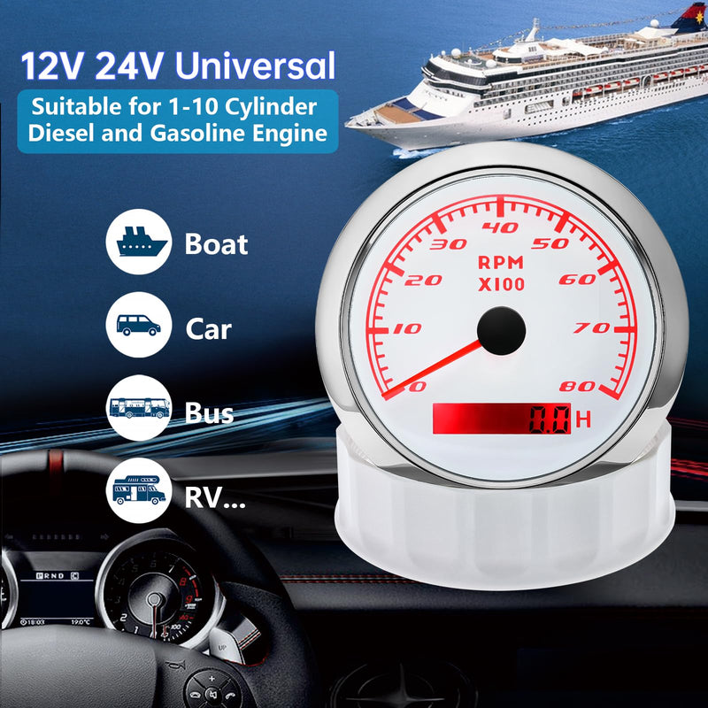 Tachometer Gauge 7 Color 0-8000 RPM Tacho Meter 85mm 3 3/8" for Auto Boat Marine Vehicle for 1-10 Cylinder Diesel and Gasoline Engine（White） White 8000RPM