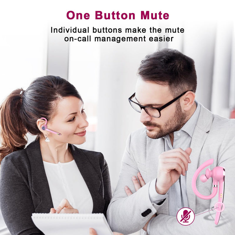 HEIBAS Bluetooth Headset, Wireless Earpiece with Mic for Work | 72H Playtime, 500mAh Charging Case, Hands-Free Calling with Mute Button for Work, Trucker, Office, Driving, iPhone, Pink