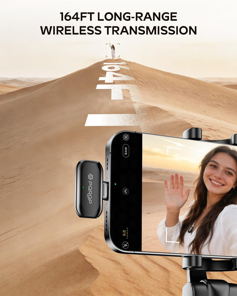 PQRQP Wireless Lavalier Microphone for iPhone/iPad/Android, 164ft Transmission, Mini Microphone with AI Noise Cancellation & Hi-Fi Sound, 24H Charging Case, Mic Ideal for Video Recording Glossy Black