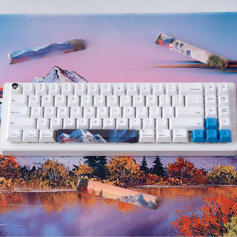 Officially Bob Ross Keycaps -Panoramic Scenic Spacebars& Escape Key with Dye-Sublimated Art, 1.5mm Thick PBT, Cherry Profile- 6.25u and R1 1u MX Compatible 4 Scenic Spacebars & Bob Ross Esc Key Bundle