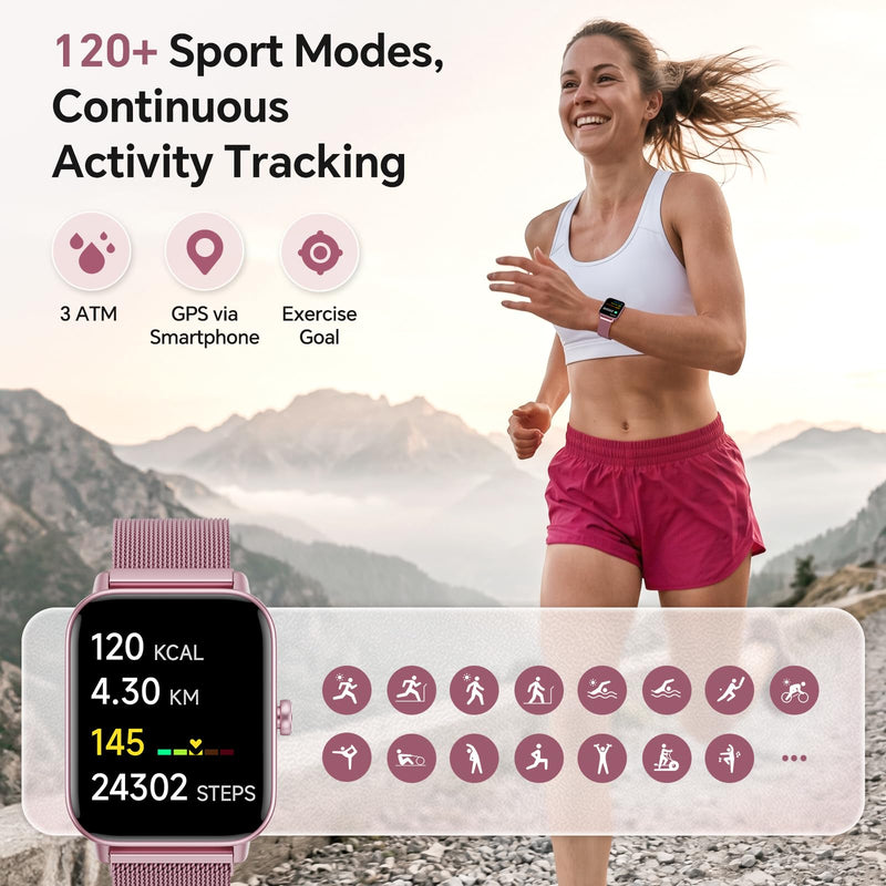 Smart Watches for Women (Calls/SMS/Reminders), 1.85" HD Alexa Smart Watch for Android Phones & iphone Compatible, 120+ Sport Modes Fitness Watch, Heart Rate/SpO2/Sleep Tracker, 3ATM Fitness Trackers Rose Pink-Mulberry Stainless Steel & Silicone