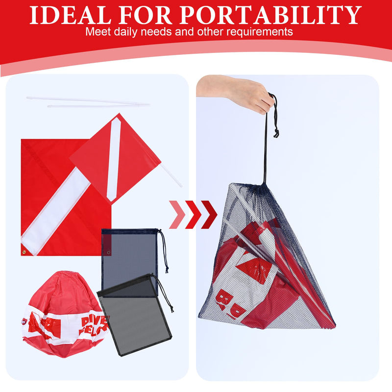 Dive Flag Float Mesh Drawstring Bag Set Inflatable Signal Floater with Dive Flag for Snorkeling Water Sport Signaling Swimming Boating Fishing