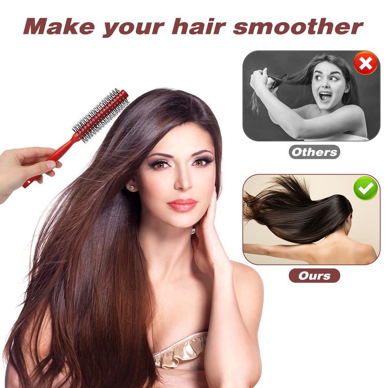 Small Round Hair Brush for Blow Drying, Mini Curling Brush with Ball Tip Nylon Bristle and Wood Handle, Mini Quiff Roller for Short Hair, Thin Hair, Bangs, Lifting, Styling, Beard (Red)