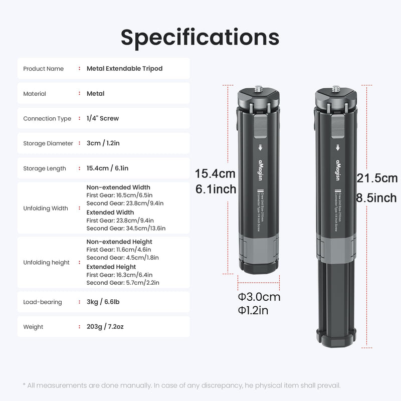 Metal Mini Tripod for Insta360 Luna Ultra/DJI Osmo Pocket 4P Accessories | Extendable Desktop Stand with 1/4" Screw, 3KG/6.6LB Load Capacity, Compact Vlogging Camera Tripod for Insta360 & Osmo Action