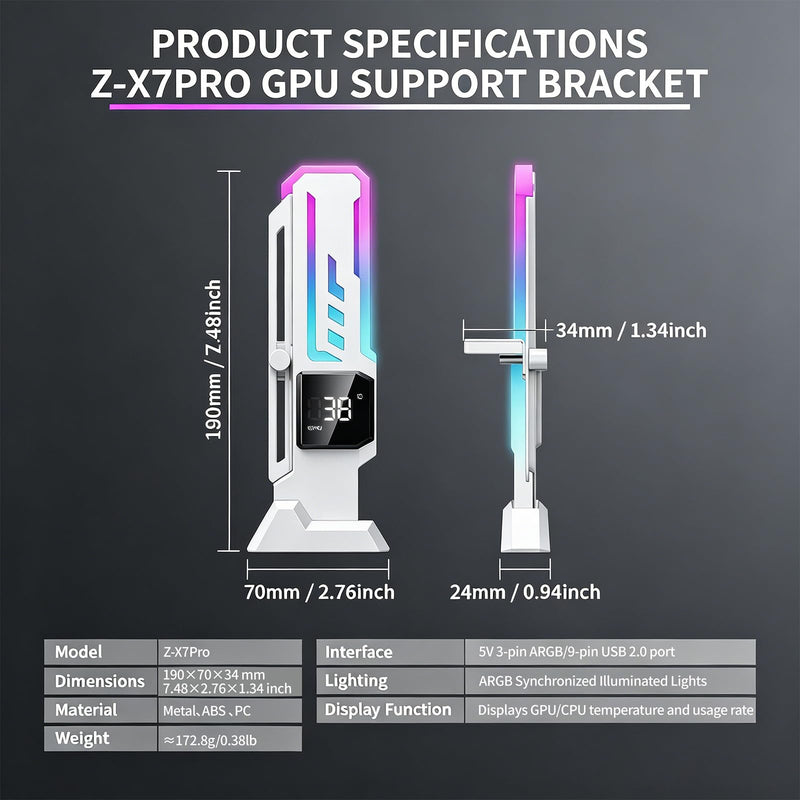 ARGB GPU Support Bracket with CPU & GPU Temp/Usage Display, Adjustable Height Anti Sag GPU Stand with Magnet & Non-Slip Base, Universal Graphics Card Support, RGB GPU Brace / Video Card Holder