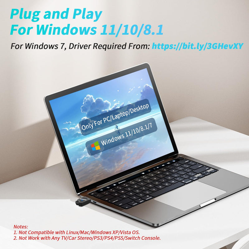 Latest Bluetooth 6.0 Adapter for PC Laptop, Mini Wireless USB Dongle Adaptor for Windows 11/10/8.1 Desktop Computer, Plug & Pair w/Bluetooth Headset Speaker Keyboard Mouse Game Controller