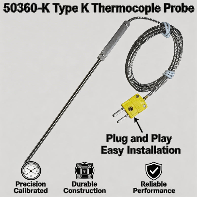 50360-K Type K Thermocouple Probe with 55-inch Stainless Steel Braided Cable. Compatible with Cooper-Atkins Type K Thermocouple Probes Temperature Range -40°F to 1100°F Suitable for ovens and Grills