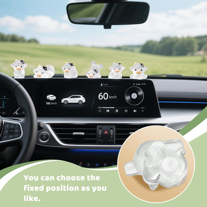 6 Pack Glow in The Dark Cow Car Decor, Cute Luminous Resin Dashboard Decorations for Cars, 3.3cm Funny Animal Touchscreen Accessories (Transparent)