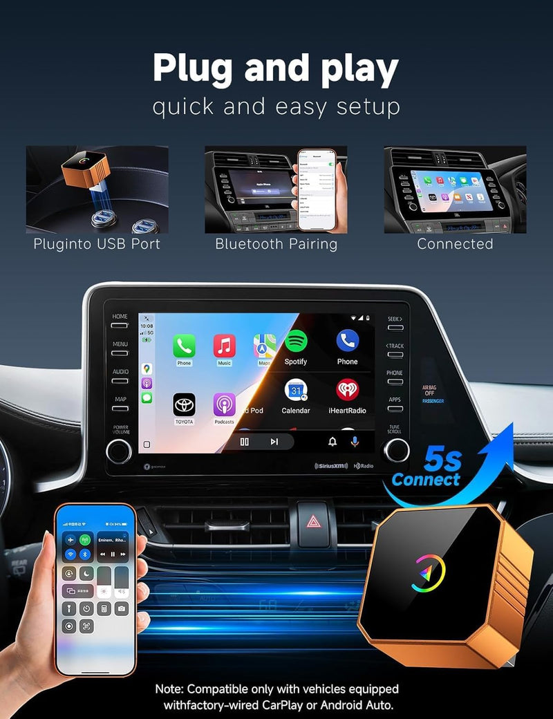 Aimoon 2026 Upgraded Wireless CarPlay Adapter for iPhone＆Android, Car Play Mini Wired to Wireless Adapter for CarPlay ＆Android Auto Plug and Play Stable Connection & No Latency for iPhone iOS 10+ Orange
