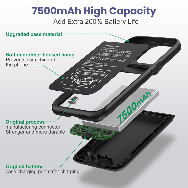 Battery Case for iPhone 14/13 Pro/13, 7500mAh Ultra-Slim Rechargeable Portable Charging Case,360° Protection Extended Battery Charger Cover Battery Pack Compatible with iPhone 13/13 Pro/14 (6.1 inch) Black