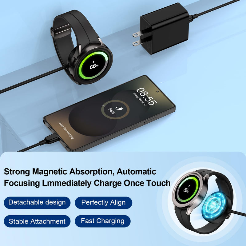 Samsung Watch Charger for Samsung Galaxy Watch 9/8/8 Classic/7/6/Ultra/FE | 5 Pro/4/3/Active 2 Fast Charging 3.5W USB C Magnetic Wireless Watch Charging Station and Phone Charger Cable 3FT Black 2 Pack