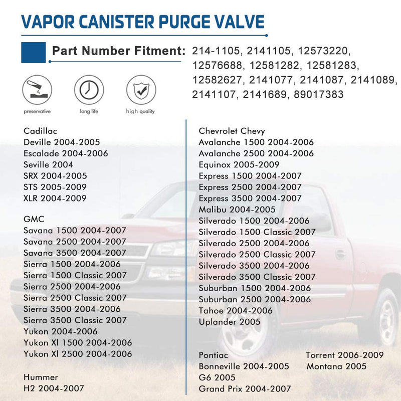 Emission Vapor Canister Purge Valve Solenoid Compatible with 2004-2009 Chevy Silverado 1500 2500 3500 Tahoe GMC Sierra Escalade Yukon Avalanche Vent Control Solenoid Replaces #B214-1105 12581282