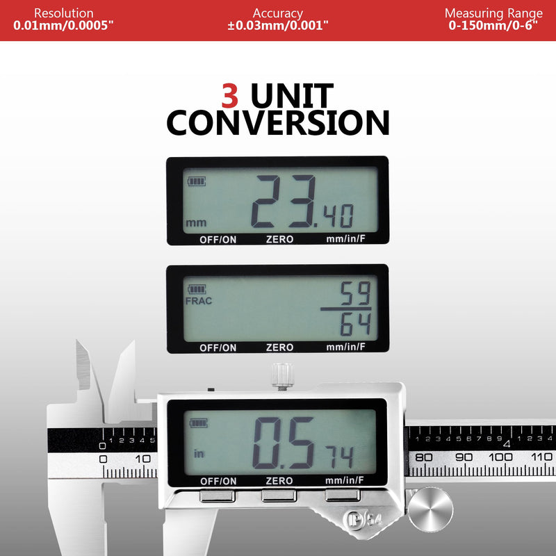Rechargeable Digital Caliper 6 Inch, Stainless Steel | Large LCD Display, Inch/mm/Fraction Conversion, Electronic Micrometer, Professional Vernier Measuring Tool 0-6"