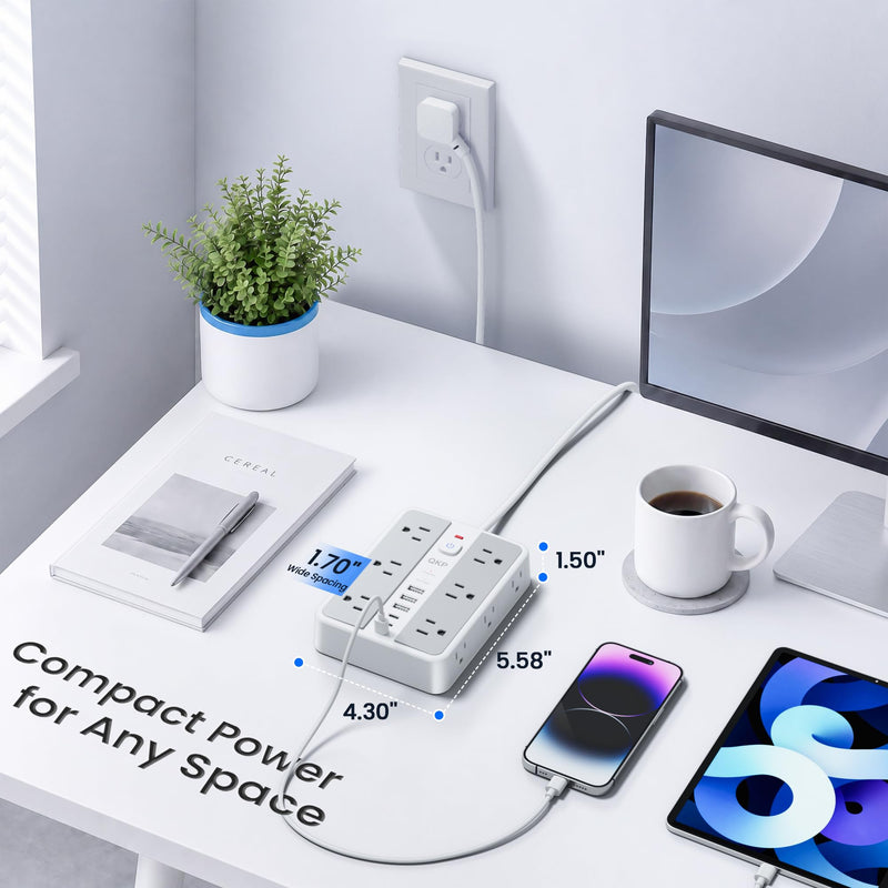 6 FT/ 2400J Surge Protector Power Strip, 12 Outlets, 6 USB (3 USB C) | 3 USB-A & 3 USB-C Ports, 1.7" Wide-Spaced Outlets，2400J Surge Protection, 1875W/15A Flat Plug Extension Cord for Home, Office White / Gray 6 FT