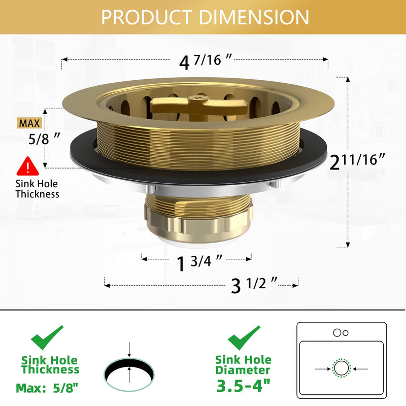 Gold Sink Drain Strainer 3-1/2 Inch Kitchen Sink Drain Assembly Kit with Stainless Steel Strainer Basket and Drain Stopper for Standard Kitchen Sink Brushed Gold