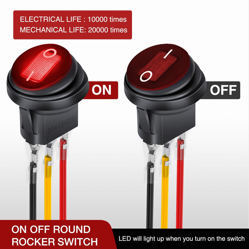 Nilight 5Pcs Waterproof Round Rocker Toggle Red LED Switch 12V 20A 3 Pin ON Off SPST for Car Truck Boat Marine Automotive RV with Locked Terminal Wires 5Pcs Red