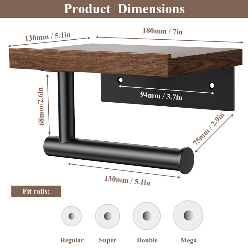Tindbea Toilet Paper Holder with Wood Shelf, Wooden Wall Mount Tissue Paper Roll Holder, Matte Black Stainless Steel Bathroom Accessories Decor Household Home Apartment Restroom Essentials (Walnut) Walnut &Matte Black Walnut Wood