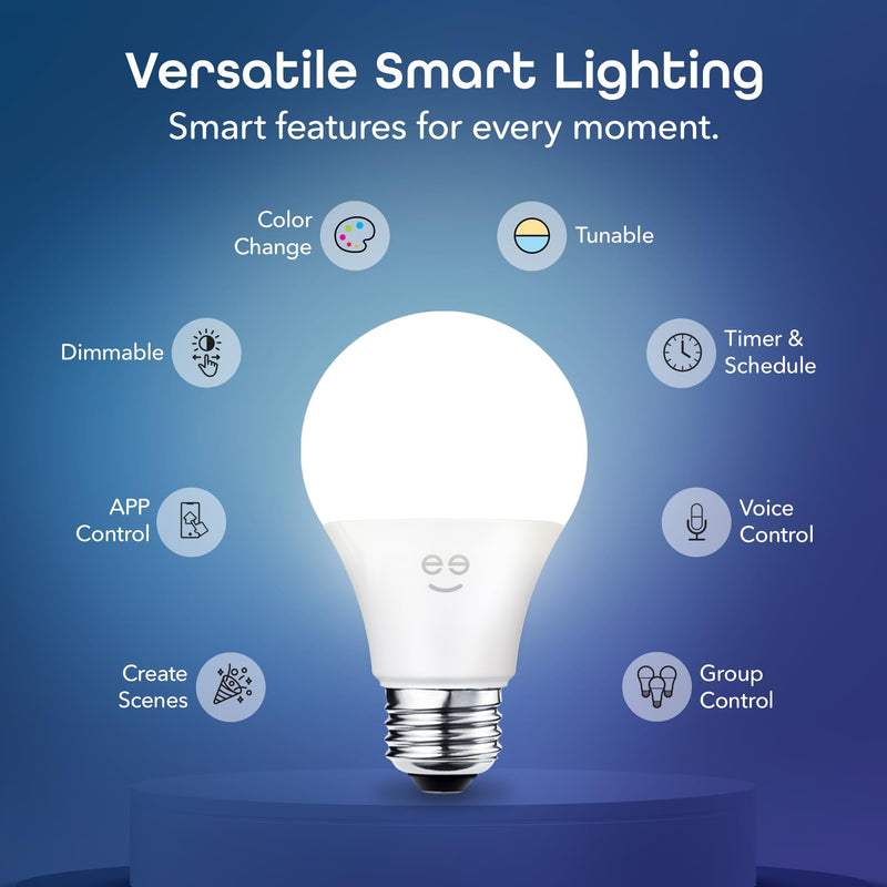 Geeni Prisma Plus 800 Dimmable Smart Light Bulbs with 2.4 GHz Wi-Fi Connectivity – Color-Changing & Tunable White, A19 LED Smart Bulb – Works with Alexa & Google, 4-Pack 4 Pack