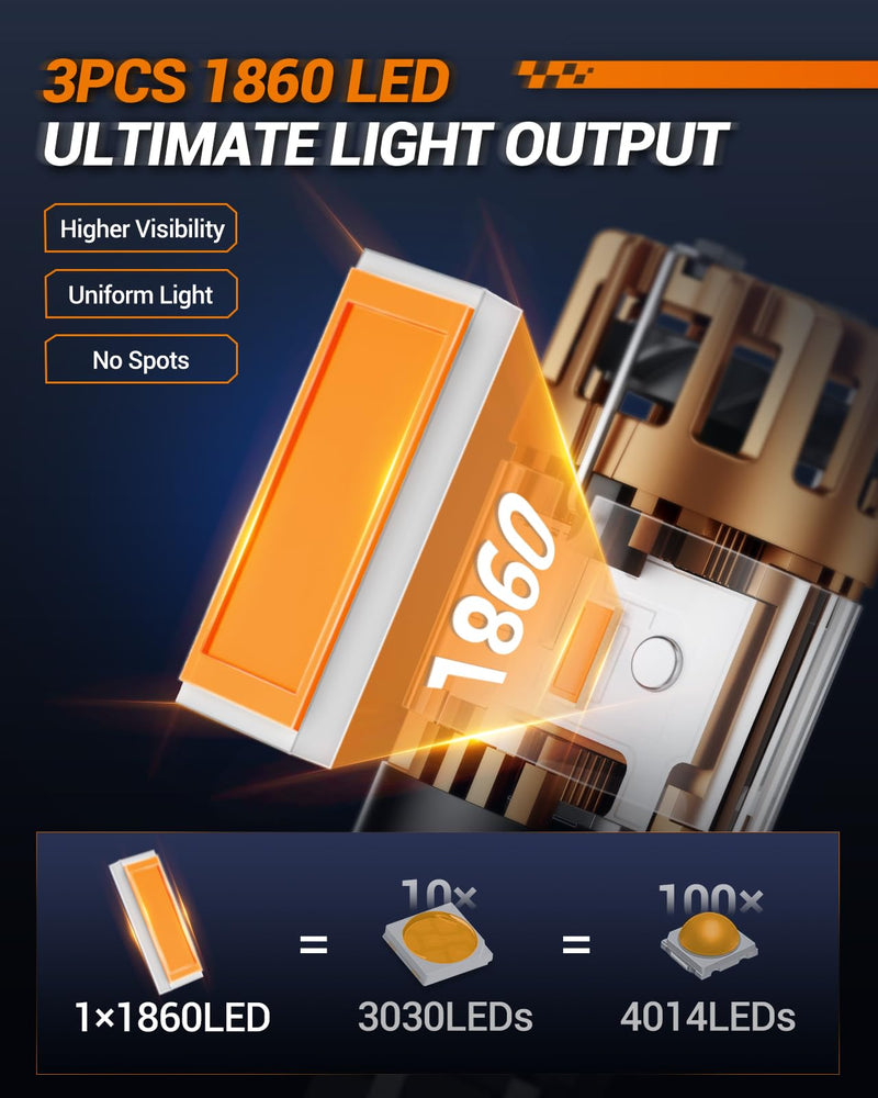 SEALIGHT 7443 7440 LED Bulb Amber, 2025 Canbus 7444na Front/Rear Turn Signal Bulb with Built In Resistor Anti Hyper Flash 7440a W21W 7441 WY21W T20, 1860-SMD Chips, CK & Standard Socket (Pack of 2)
