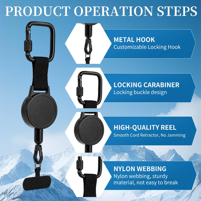 Retractable Phone Tether Anti Theft: Phone Lanyard for Skiing, Hiking, Outdoor Travel, Anti Pickpocket Phone Strap with Locking Carabiner & Universal Anchor(2PCS) Black Black-2pack