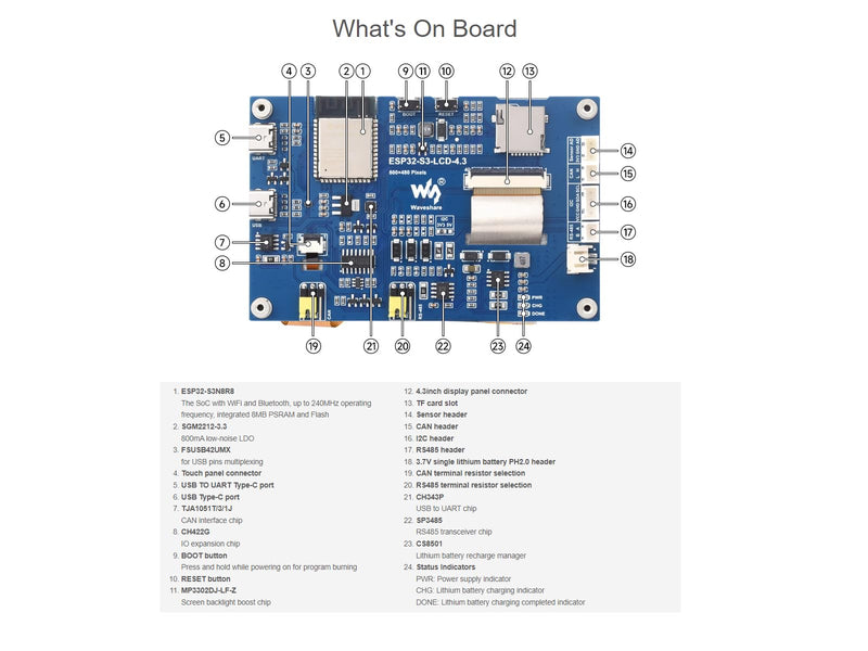 waveshare ESP32-S3 4.3inch Capacitive Touch LCD Development Board with 2.4GHz WiFi and BLE 5 Support,32-bit LX7 Dual-core ProcessorOnboard CAN, RS485, I2C Interface