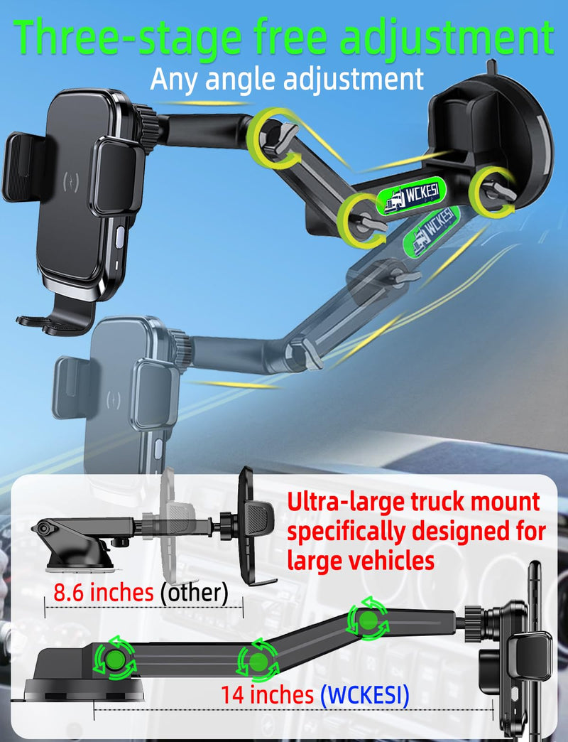 Truck Phone Holder Mount Wireless Charger Heavy Duty for Car 15W Smart Fast Charging 14 inch Long Arm Pickup Truck Windshield and Dashboard,Truck Accessories,for iPhone Samsung LG black--Wireless Charger