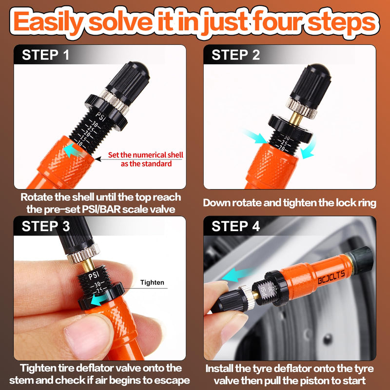Adjustable Auto-Stop Tire Deflator Valve Kit (10-30 PSI) Tire Air Down Tool Offroad 4x4 Screw-on Automatic Tire Deflators. (4, Orange) 4