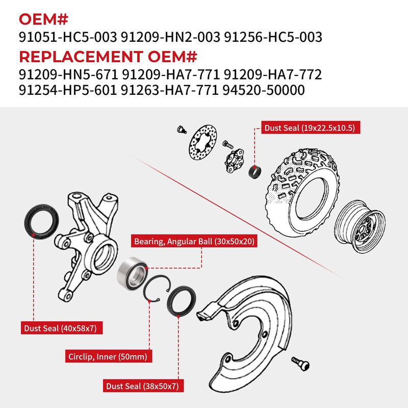 Front Wheel Bearings Seals for Honda FourTrax 300 Rancher 350 400 420 Only for 4x4, OEM# 91051-HC5-003 91209-HN2-003 91256-HC5-003