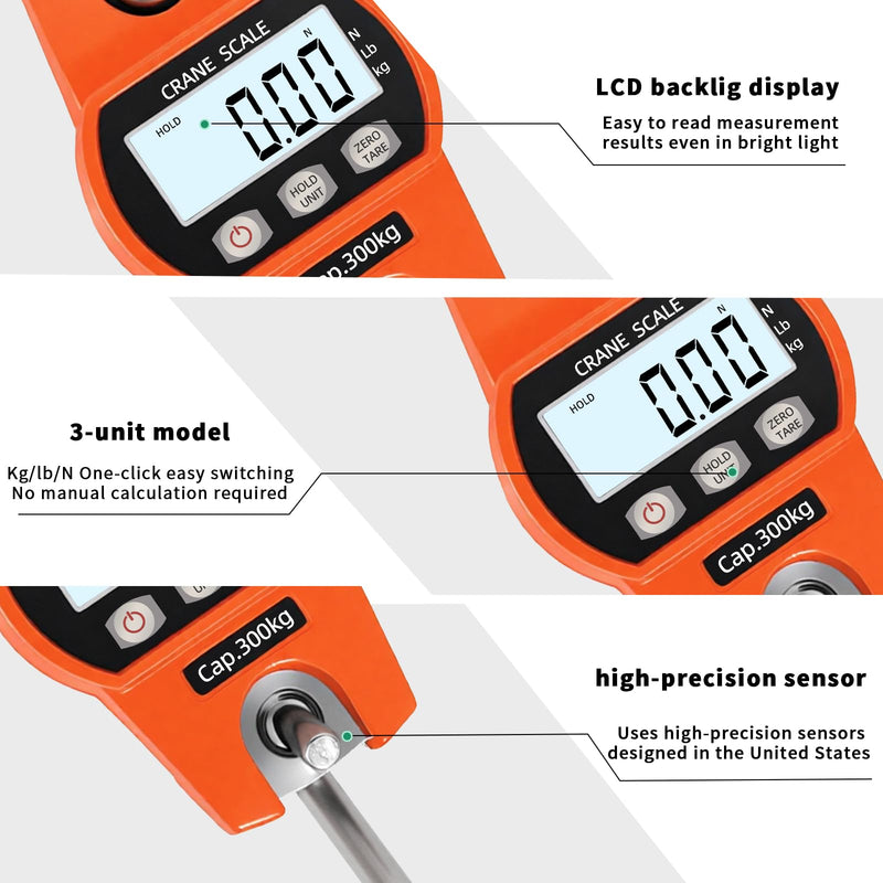 Hanging Scale 660lb/300kg - High-Accuracy Crane Scale with Aluminum Frame and LCD Display. Functions as Fishing Scale and Luggage Scale. for Farm, Hunting, Fitness, and Travel Weighing 300kg/0.1lb