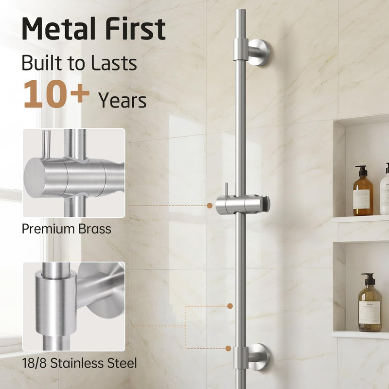 KES All Metal Shower Slide Bar 30-Inch (Non-Plastic) with Adjustable Shower Head Holder, 18/8 Stainless Steel Shower Slide Bar with Adjustable Bracket Cover Existing Holes, Brushed Steel, F210S78-BS