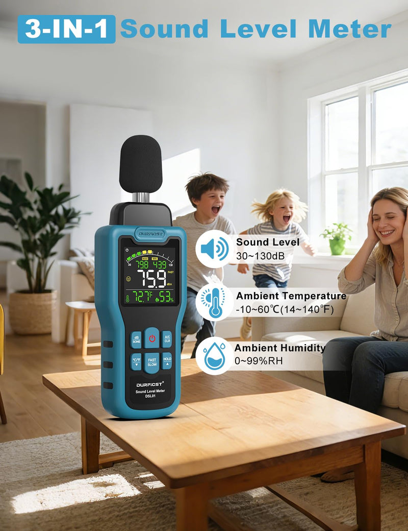 Decibel Meter, DURFICST Sound Level Meter 30-130dB, SPL Meter with Temperature & Humidity, A/C Weighted DB Meter with dB/SONE, Fast/Slow, MAX/MIN, for Home, Office, Factory, Neighbor Noise