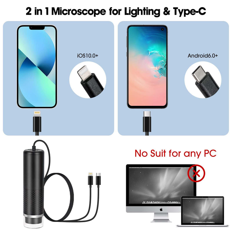 USB Digital Microscope Compatible with iOS and Android Devices (Not for Any PC), 50x-1600x Magnification, 1920x1440P HD Portable Microscope Camera for Adults, Children, Students