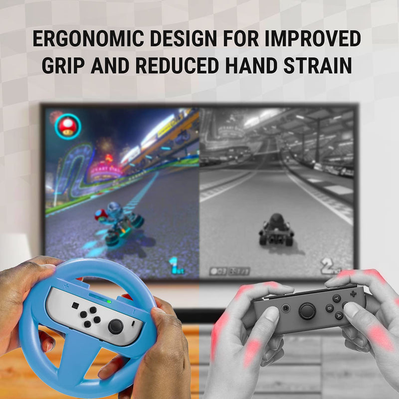 Orzly Steering Wheels for Nintendo Switch & OLED JoyCons, Racing Wheels for Mario Kart 8 Deluxe [Mariokart Switch Steering Wheel Joycon Controller Attachment Accessories] - TWIN PACK[1x Red & 1x Blue] 1x BLUE & 1x RED Steering Wheel for Nintendo Switch