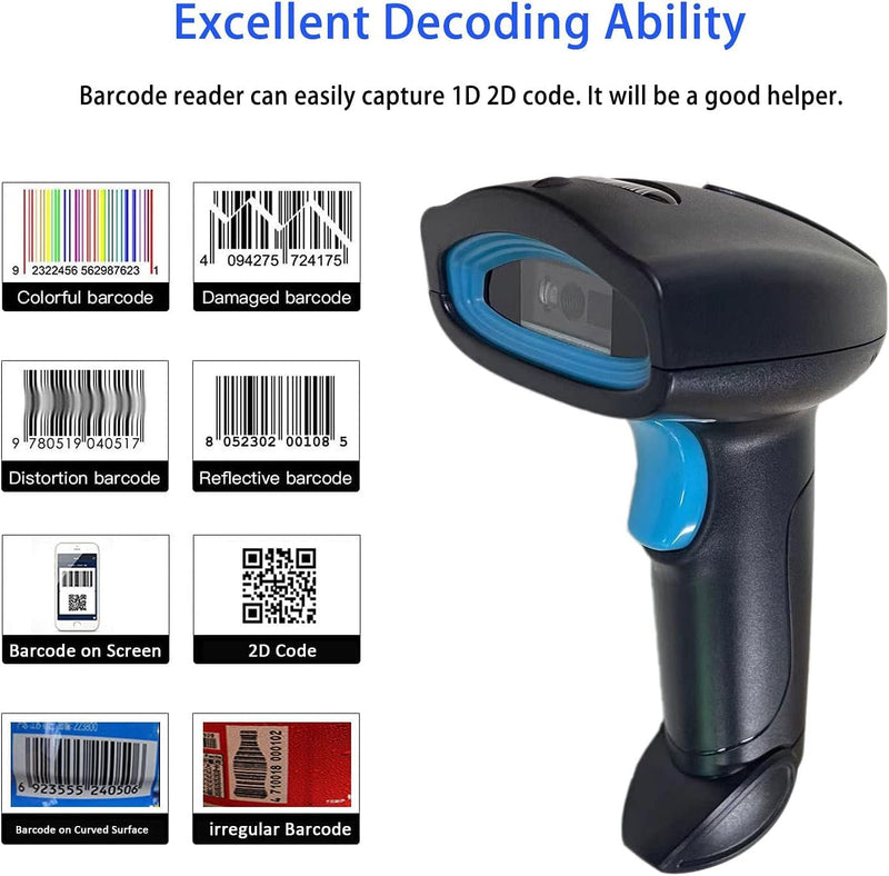 Wireless Bluetooth Barcode Scanner Automatic 2D QR Code Scanner Wireless for POS System, 1D PDF417 Screen Scanning Barcode Reader for Warehouse Inventory,Supermarket,Retail Shop Wireless Bluetooth