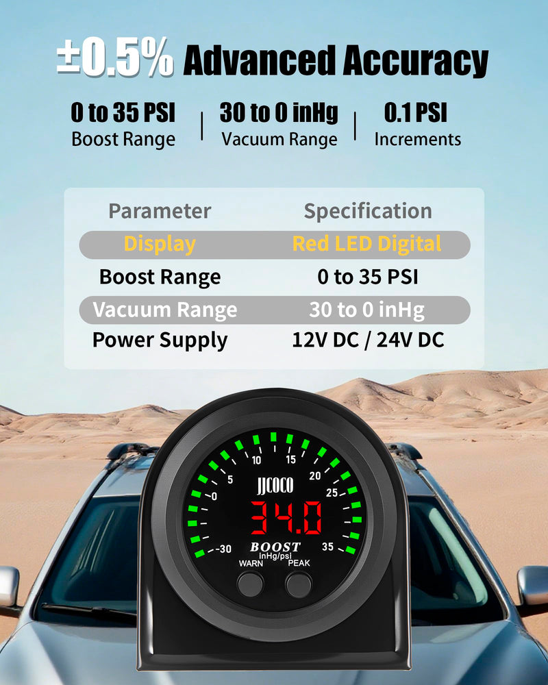 35PSI Turbo Boost/Vacuum Gauge LED Digital Display Kit with 1/8NPT Electronic Pressure Sensor & Mounting Bracket for Car&Truck ATV 2-1/16" 52mm