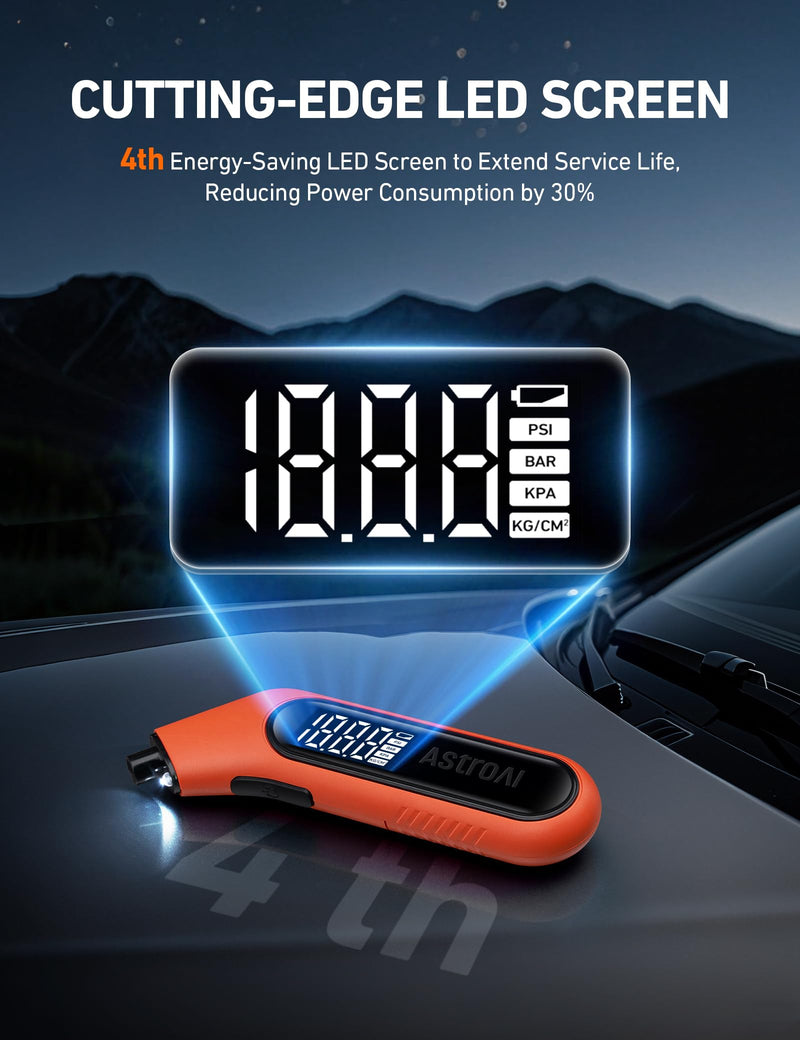 AstroAI Tire Pressure Gauge Digital 3-300PSI Large Screen with Backlight and Flashlight, ANSI 2A High Accuracy, Compatible with Schrader Valves, 4 Units, Presta Valve Adapter Included, AAA Batteries Orange