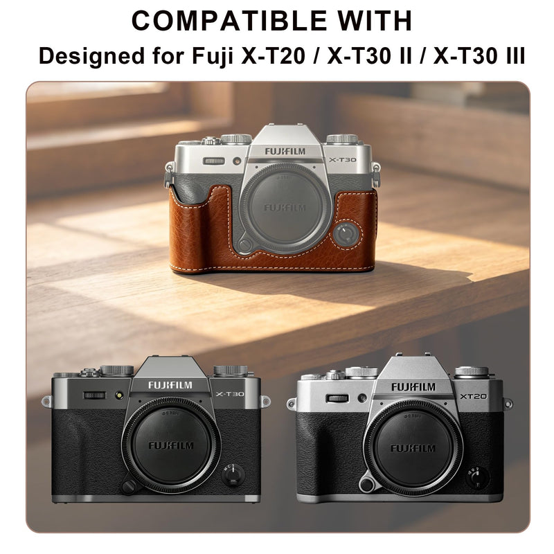 Carrying Case for FUJIFILM X-T30 III/X-T30 II/X-T30 Mirrorless Camera | Fujifilm X-T30 III/ X-T30 II Camera Half Leather Bag, Retro Style Camera Case (with Shoulder Strap, Screen Protector), Brown
