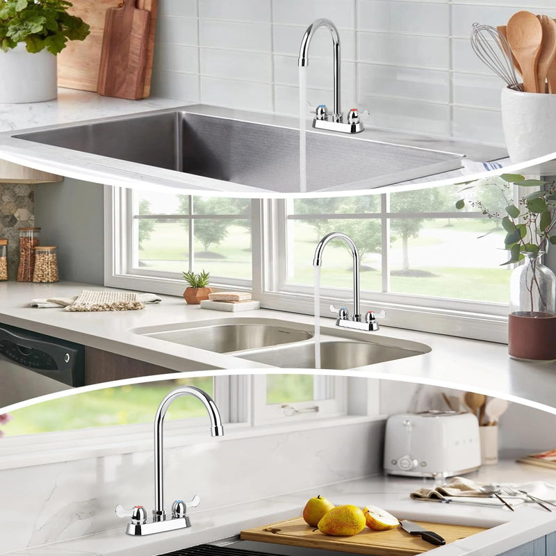 4" Center Commercial Bar Sink Faucet, 2-Hole Deck Mount Utility Sink Faucet with 6" Gooseneck Swivel Spout & Dual Lever Handles for Laundry Tub RV Bar Sink, Brass Constructed, Chrome