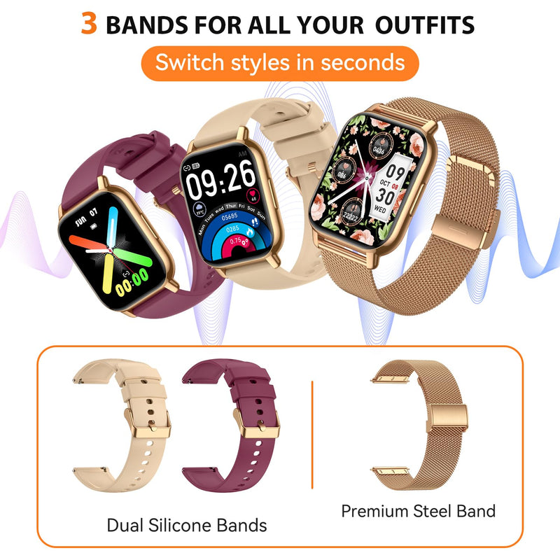 Smart Watch for Women, Fitness Tracker with Bluetooth Calls & AI Voice Control, 1.85’’ HD Screen, Heart Rate/SpO2 Monitor, Sleep Tracker, Compatible with Android iOS (Gold) Gold