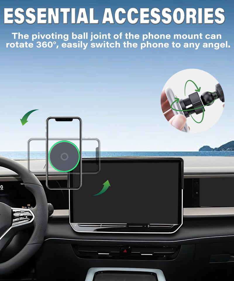 Car Phone Mount for 2025-2026 Volkswagen VW Tiguan 15" Screen Accessories | MagSafe 15W Fast Wireless Charger Cell Phone Holder, 360° Rotatable 3D Fit Navigation Clip-On Cradle,will Not Block Air Vents Magsafe+ Wireless Charger
