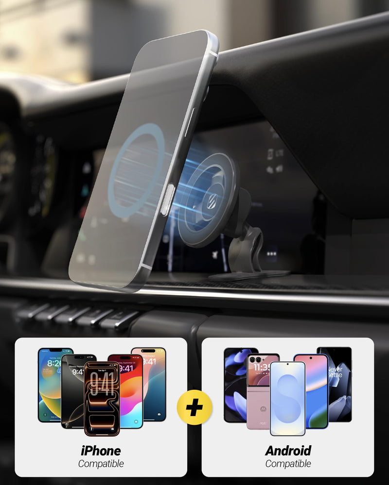 Scosche MagSafe Car Mount, Magnetic Dashboard Phone Holder for Car with 3M Adhesive Base, Strong Magnet Hold, 360° Rotatable Cell Phone Car Mount for iPhone 17/16/15/14/13/12, Includes Magnetic Ring 1 Pack Dash