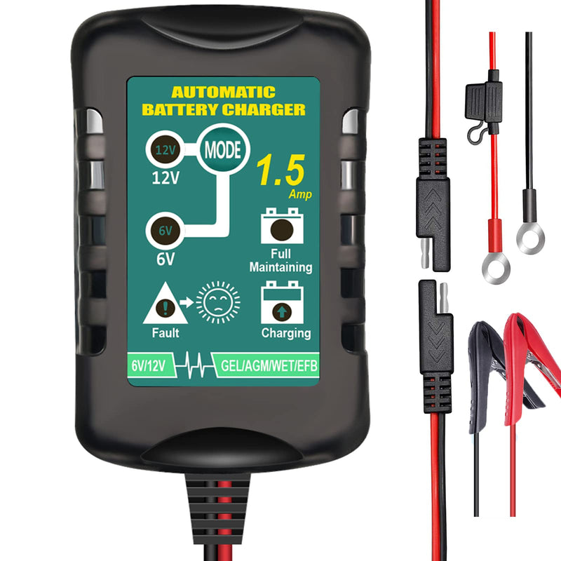 Battery Charger Automatic 6V 12V 1.5A, Trickle Charger Suitable for AGM Gel SLA VRLA Flood Lead-Acid Batteries, Starting Batteries for Auto Car Motorcycle, Dual Voltage Output Detection and Repair